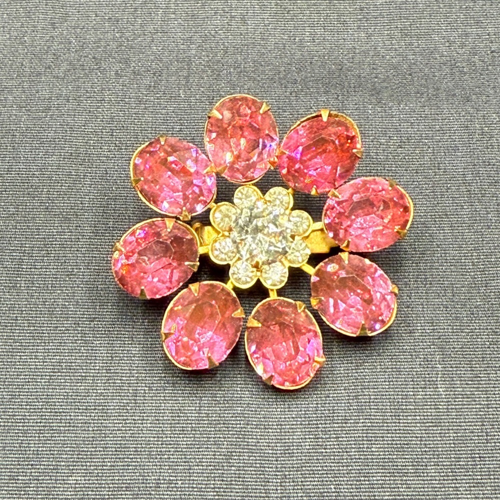 Vtg Pink Glass Rhinestone Flower Brooch Pin Mid Century Brass Unsigned 50s-60s